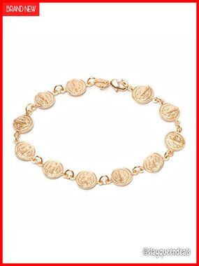 18K Gold Plated Saint Benedict Coin Link Bracelet 7.5 Inches